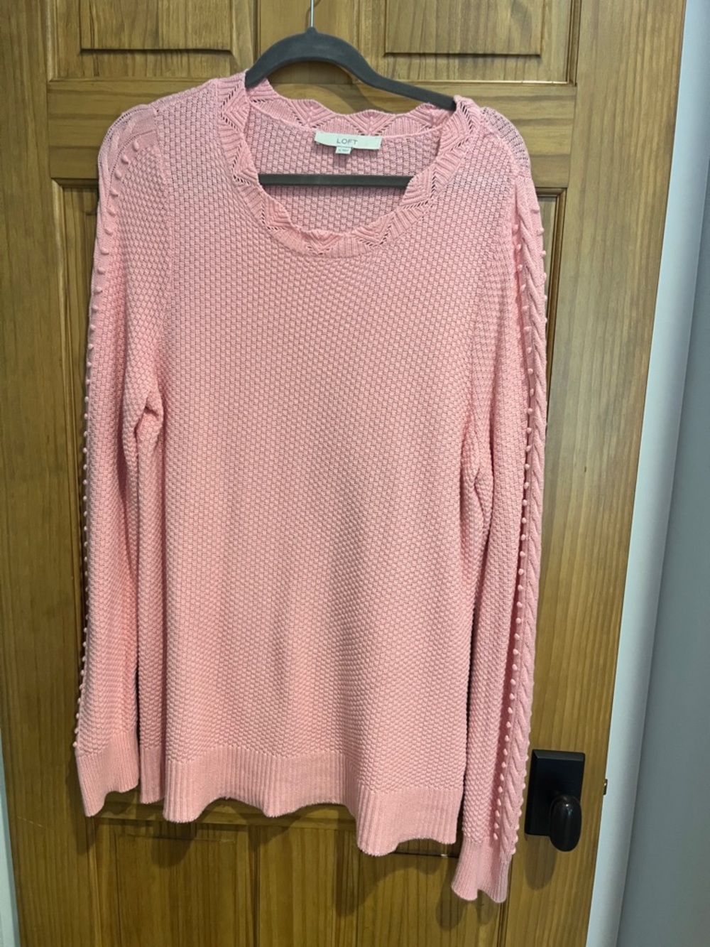 LOFT Blush Pink Textured Cable-Trim Crewneck Sweater